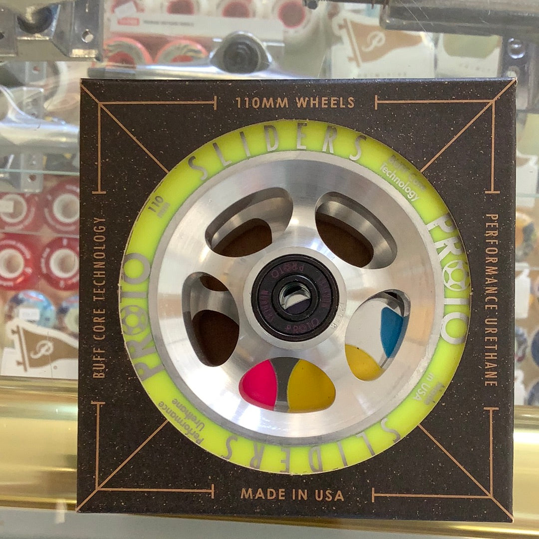 Proto StarBright Sliders Wheels 110mm Neon Yellow on Raw